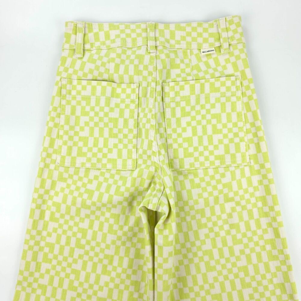NEW Billabong Free Fall Wide Leg Raw Hem Jeans 90s Y2k Lime Checkered Print 25 - Picture 6 of 10
